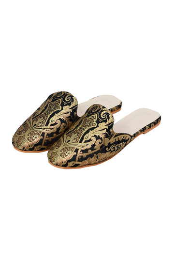 Black Brocade Slider Mules